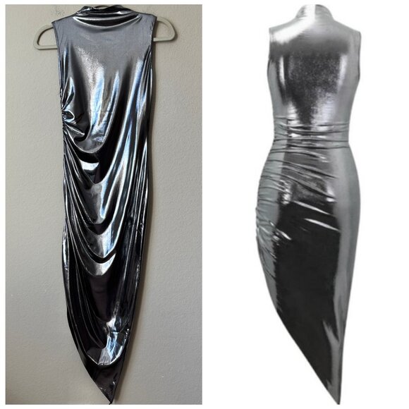NEW Micas High Neck Metallic Ruched Midi Dress NYE - Picture 10 of 10